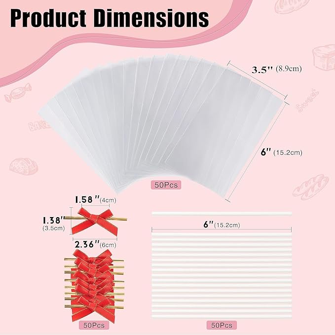 RomanticBaking 50 Sets Clear Rice Krispie Treat Bags with Red Ribbon Bow and Stick & Flat Cellophane Clear Bags for Rice Krispie Treats Gift Giving Bag(Red)