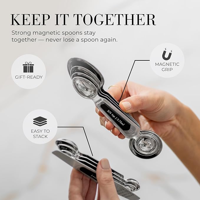 Stainless Steel Magnetic Measuring Spoons Set - 8-Piece Heavy Duty Metal, BPA-free, Stackable, Double Sided Measuring Spoons with Leveler for Dry and Liquid Ingredient - Fits in Spice Jars