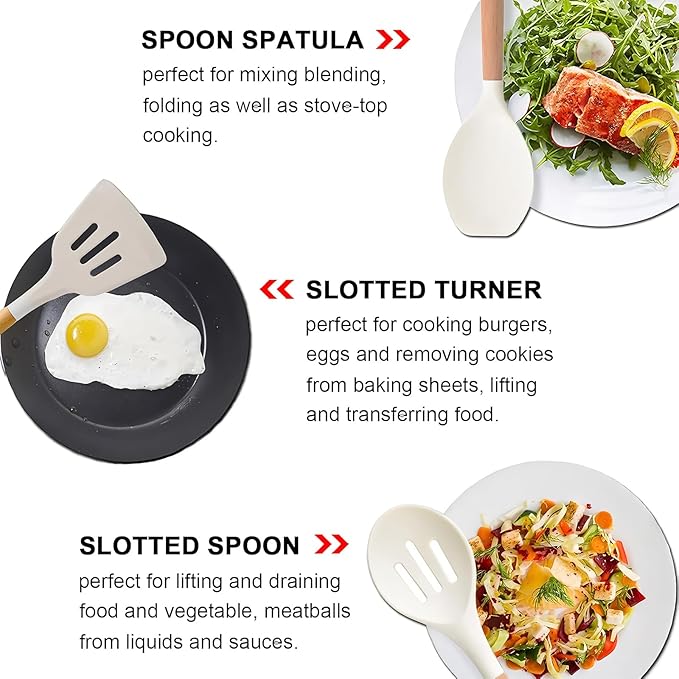 12-Piece Silicone Kitchen Utensil Set with Wooden Handles – Heat Resistant Cooking Tools – Spatula, Spoon, Tongs, Whisk & Holder – Nonstick Cookware Safe – White, Gray, Black (White)