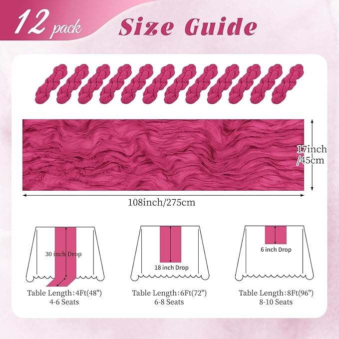 12 Pack Hot Pink Cheesecloth Table Runner 17x108 Inch Semi Sheer Boho Gauze Cheese Cloth Fabric Table Runners, for Wedding Party Baby Shower Birthday Home Decor Garden Farmhouse