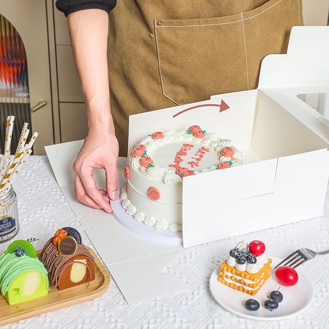 Moretoes 24pcs Cake Boxes, 10x10x5 Inches White Square Bakery Boxes with Window Cajas Pasteles for Cake, Mother's Day, Pastries, Chocolates, Cookies, Pie, Birthday Party, Wedding