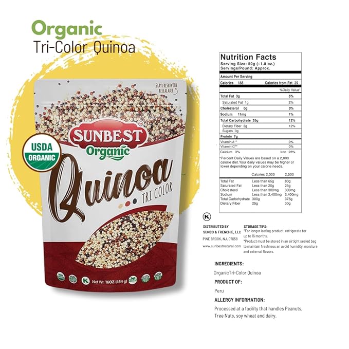 Sunbest Natural Organic Tri-Color Quinoa, Non-GMO, Vegan, Kosher, 16 Oz., 2-Pack