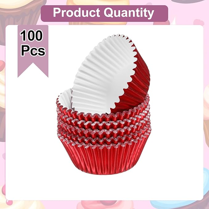 HARFINGTON 100 Count Red Foil Muffins Cupcake Liners Standard Size Metallic Baking Cups Wrappers Greaseproof for Party Wedding Birthday