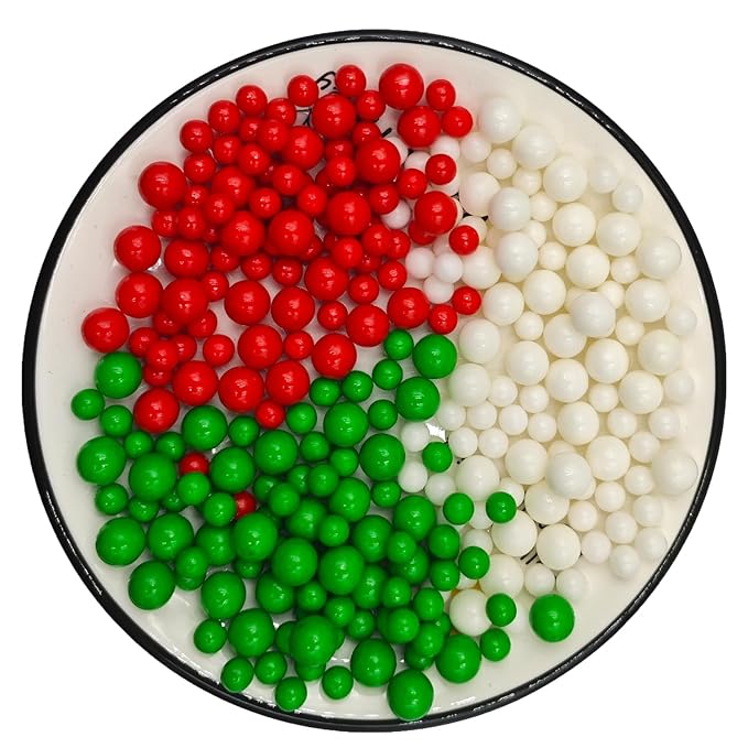 Edible Mixed Christmas 7mm 10mm White Red Green Pearl Sugar Sprinkles, 4.6 oz Candy Pearls Ideal for Baking, Cake Decorating and Cupcake Toppers, Cookie Decoration, Ice Cream Topping