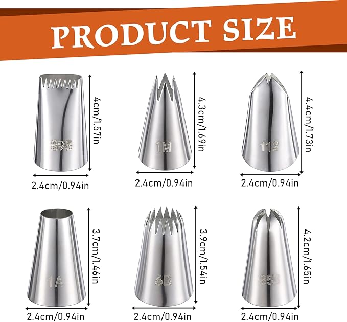 6 Pcs Large Piping Tips Set,Stainless Steel Cake Decorating Tips Frosting Tip Icing Tip for Cake Decorating,Pastry,Cupcakes,Cookie