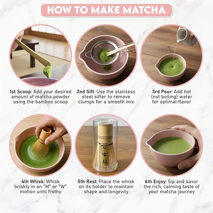 10 Pcs Matcha Kit Set, Ceramic Matcha Set Includes 17oz Matcha Bowl, Bamboo Whisk and Scoop, Whisk Holder, Sifter, Scoop holder, Measuring Cup, Powder Caddy, Tea Towel and Instruction Manual (Pink)