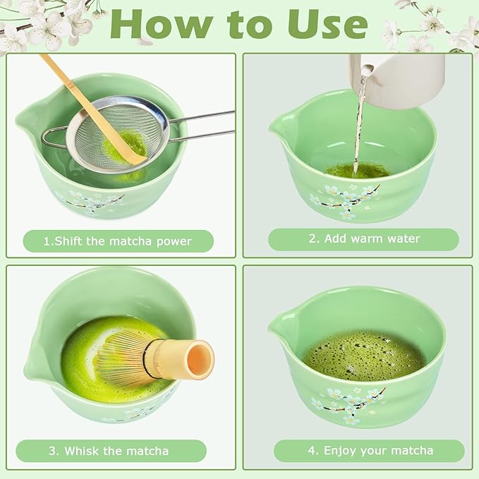 Matcha Whisk Set, 7 Pcs Ceramic MatchaSet with Matcha Bowl, Matcha Whisk and Holder, Bamboo Scoop, Scoop Rest, Sifter and Tea Towel (Green)