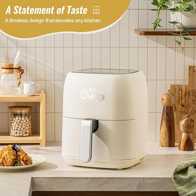Charmi 5QT Air Fryer – Beautiful Retro Design, Stylish Countertop Look, Nonstick & PFAS-Free, Safe Auto Shutoff, Digital Touchscreen, 8 Cooking Presets (Cream White)