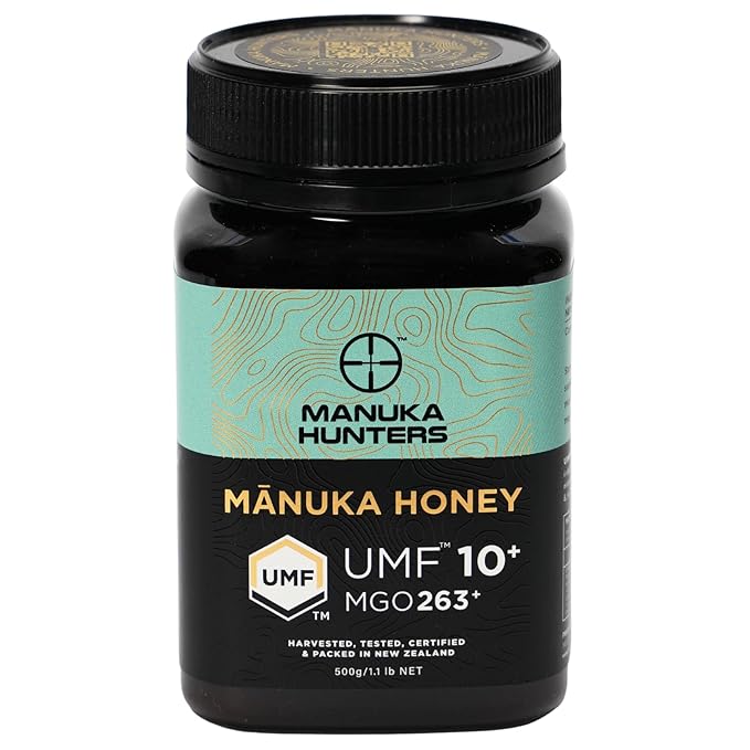 Manuka Hunters UMF 10+/MGO 263+ Certified New Zealand Manuka Honey - 100% Pure Natural Sweetener - Gluten, Dairy Free - Ideal for Tea, Coffee, Smoothies, and Baking - Sustainable - 1.1lb/500g Jar