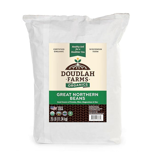 Organic Great Northern Beans 25lb Bulk by Doudlah Farms - Farmed From Regenerative Soil | Tested Clean Certified | Vegan, Non-GMO, Grown In USA - Fiber & Protein for Soups, Burritos, Salads, and Chili