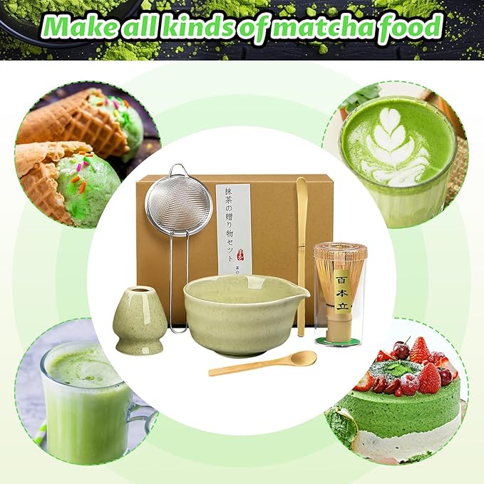 Matcha Set, 6 Pcs Matcha Whisk Set with 20 oz Bowl, Bamboo Whisk for Matcha Tea, Matcha Bowl, Ceramic Matcha whisk Holder, Stainless Sifter and Scoop - Gift for matcha kit Lovers（Green）