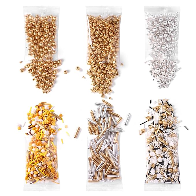 Gold Sprinkles for Cake Decorating, Cupcake, Cookies, Ice Cream Topper, 6 Packs Gold and Silver White Sprinkles, Six of assorted Sprinkles for Baking, Perfect for Party, Anniversary, Wedding