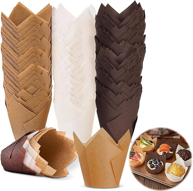 50 Pieces Cupcake Liners for Baking-2-1/4" x 4" Natural,Brown,White 3 colours for Wedding, Birthday Party, Standard Size, Natural Color (Standard-Pro)