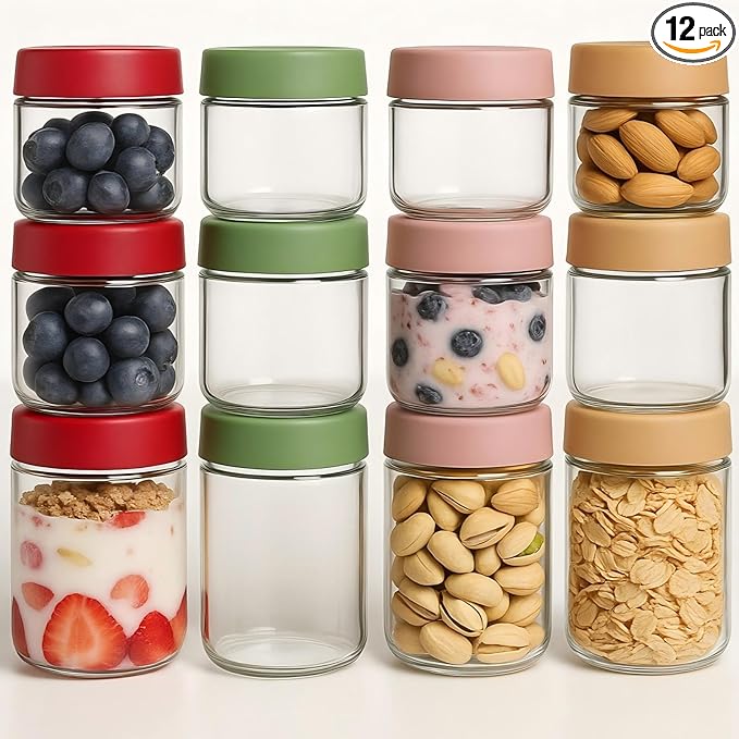 12 Pack Sealed Glass Jars with Lids 4oz 10oz 16oz, Overnight Oats Storage Containers, Salad, Yogurt, Snacks, Spices, Meal Prep Mason Jars - Reusable & Airtight