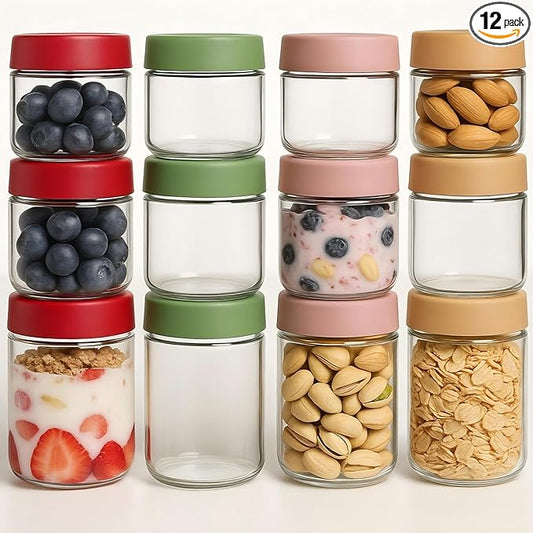 12 Pack Sealed Glass Jars with Lids 4oz 10oz 16oz, Overnight Oats Storage Containers, Salad, Yogurt, Snacks, Spices, Meal Prep Mason Jars - Reusable & Airtight
