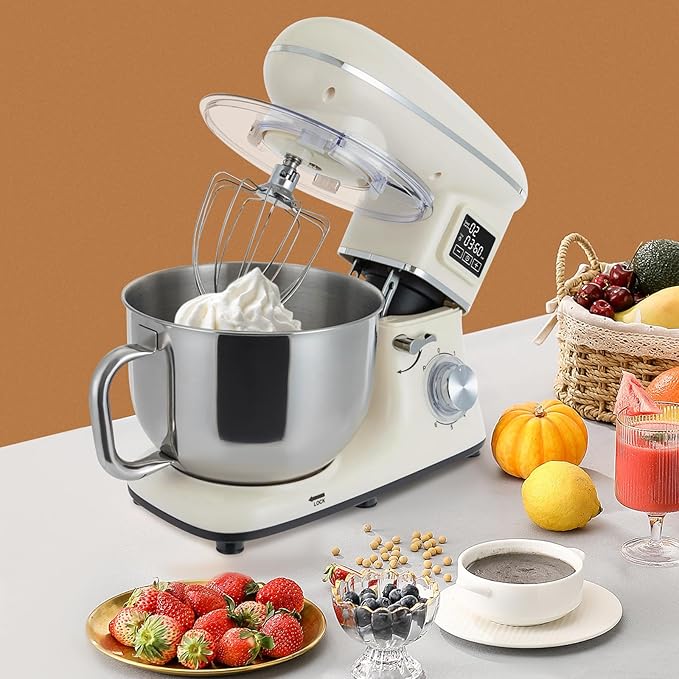6.5Qt Stand Mixer, 1350W Electric Household Stand Kitchen Mixer With Lcd Timer Display, 6-Speed Dough Maker With Whisk Beater & Hook, For Baking Bread Cake Cream, Compact For Small Kitchen (white)