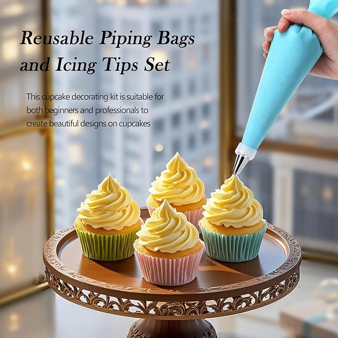 Piping Bags and Tips Set, Cake Decorating Kit Supplies with 6 Icing Tips, 1 Reusable Piping Bag, 1 Coupler, 3 Scrapers, Frosting Piping Kit Cake Baking Tools for Cookie Icing Cupcakes Cakes