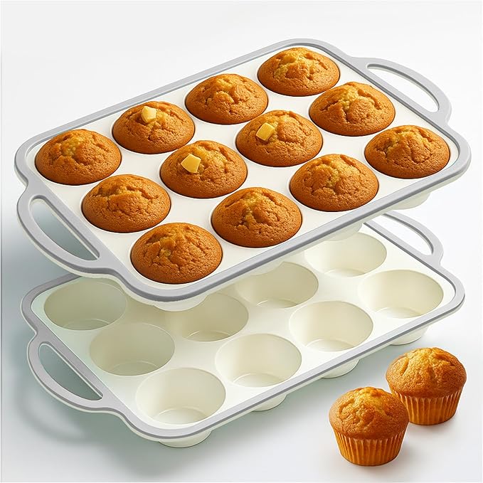 Silicone Muffin Pans for Baking 2 Pack, 2.6 Inch with Metal Reinforced Frame, Regular Size Nonstick Cupcake Pan 12 Cups for Baking Homemade Muffins, Dishwasher Safe BPA Free-Grey