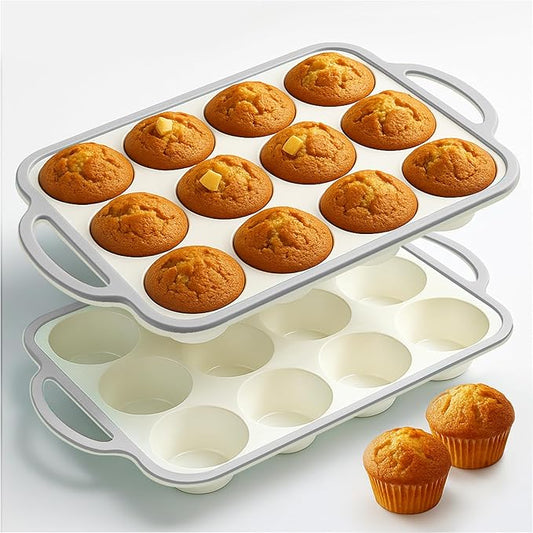 Silicone Muffin Pans for Baking 2 Pack, 2.6 Inch with Metal Reinforced Frame, Regular Size Nonstick Cupcake Pan 12 Cups for Baking Homemade Muffins, Dishwasher Safe BPA Free-Grey