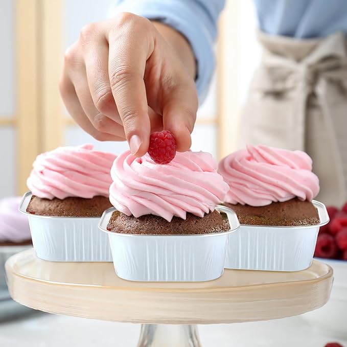 Aoriher 300 Pieces 10 oz Mini Cake Pans with Lids, Aluminum Foil Baking Cups, Square Disposable Cupcake Cups Baking Tins for Wedding Birthday Party Supplies(White, Silver)