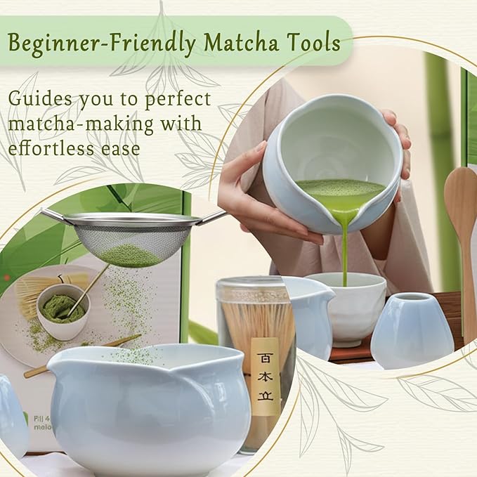 8 Pcs Matcha Whisk Set Chasen Matcha Whisk Bamboo Bowl with Spout Sifter Spoon Scoop Whisk Holder Bamboo Mat Complete Matcha Making Kit (Blue Petal)