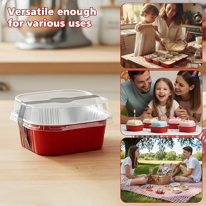 Ruckae 10oz100 Pcs Square Mini Loaf Pans with Lids-Disposable Foil Dessert Containers,Mini Cake Pans with Lids,Aluminum Dessert Cups for Parties and Weddings (Red, 10oz)