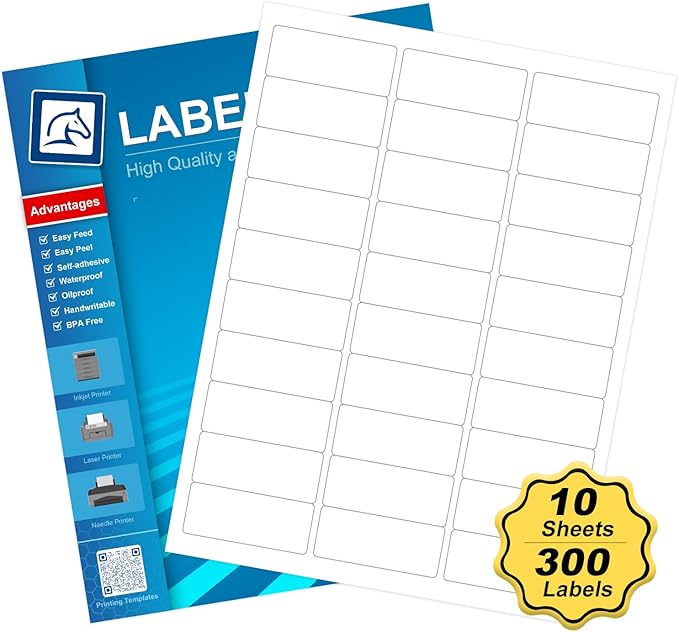 1" x 2-5/8" Blank Labels Address Mailing Shipping Address Labels, Laser/Inkjet Label Printer White Blank Mailing Labels, Permanent Adhesive (10 Sheets, 300 Labels) （HB-R030）