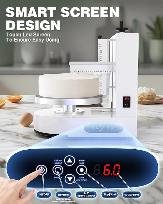 PYY Cake Decorating Machine - 4-12 Inch Automatic Cake Cream Spreading Machine for Cake Smoothing Machine, Electric Cake Turntable 60-320 RPM with Graduated Scrapers Maquina Para Decorar Pasteles