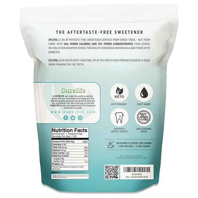 DureLife XYLITOL Sugar Substitute 10 LB (160 OZ) Made From 100% Pure Birch Xylitol NON GMO - Gluten Free - Kosher, Sugar alternative,