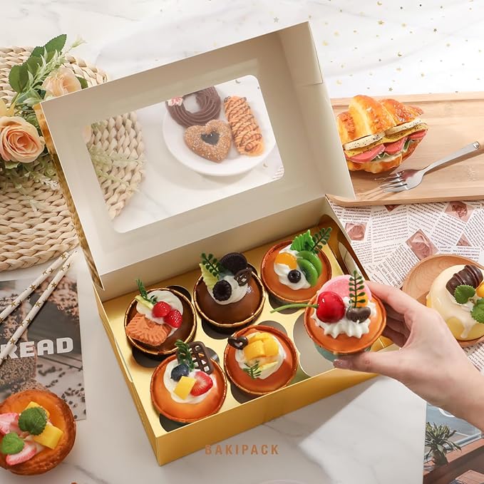 25 PCS Cupcake Boxes, Gold Cupcake Boxes 6 Count with Window and Inserts, Cupcake Holders for Cupcakes, Muffins, Cookies, Pastries