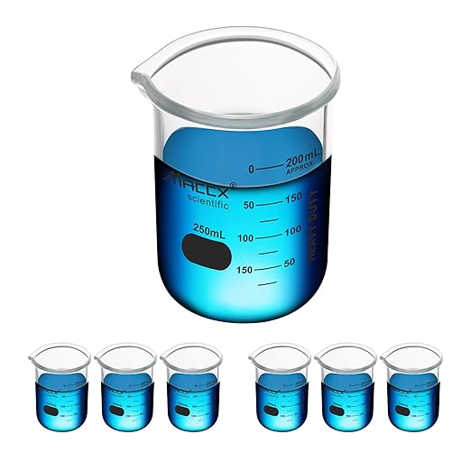 8.5oz(250ml) Sturdy Glass Beaker, Heavy-Duty Lab Beaker Set, 3.3 Borosilicate Griffin Low Form with Printed Graduation, Pack of 6, BKL250-006