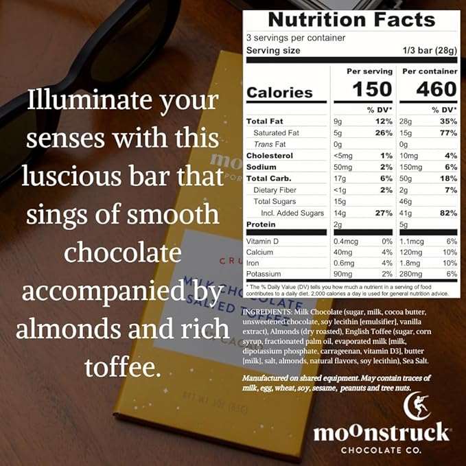 Moonstruck Chocolate Salted Toffee Milk Chocolate Bar, 31% Cacao, 3.0oz (Pack of 12)