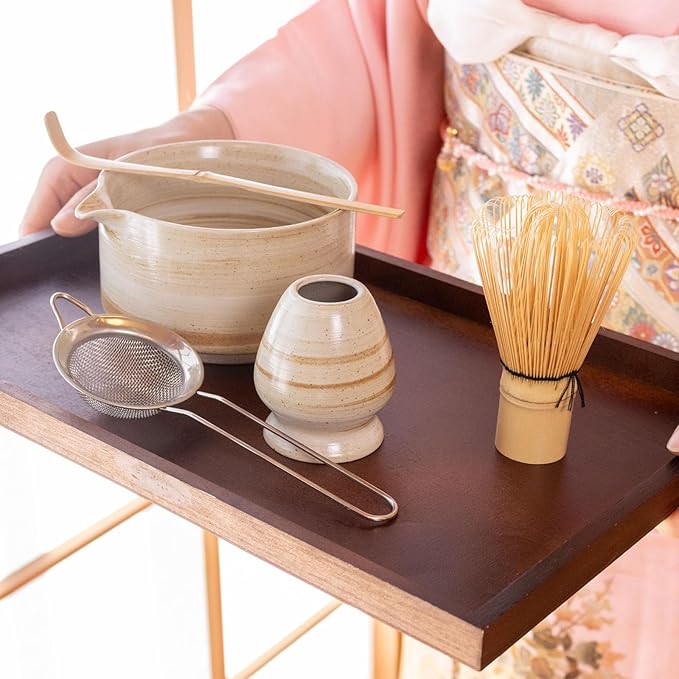 HIBINO Japanese Matcha Set | Matcha Bowl with Spout | Whisk & Holder | Bamboo Scoop & Stainless Sifter | 5-Piece Traditional Matcha Kit | Designed in Japan |「Rustic Beige」