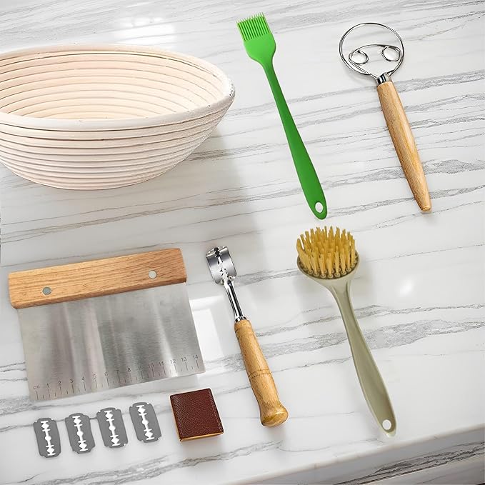 Banneton Bread Proofing Basket Sourdough Bread Baking Supplies, Sourdough Starter Kit with 9" Round, Bread Making Supplies Tools, Bread Lame, Sling, Spatula, Scraper, Dough Whisk