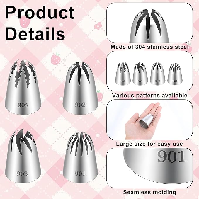 4 Pcs Stainless Steel Frosting Tips, Professional Cake Decorating Tips-Set, Large Piping Tips Set, DIY Icing Nozzle Tool for Cupcakes, Cakes, Cookies, Pastry Decorating Kit