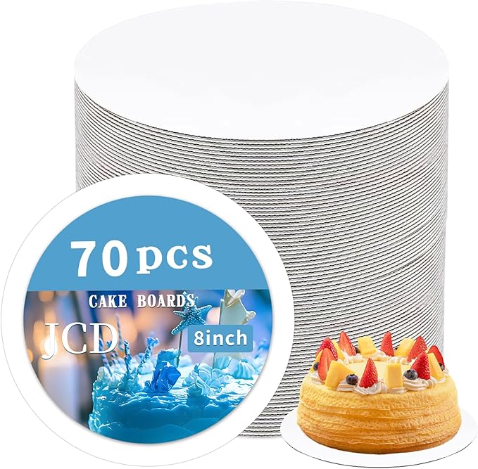 JCD 70 Packs Cake trays, 8inch Round Cake Board, Waxed Greaseproof finish Cake Base,Sturdy Corrugated Cake Board,（Thinner But Stronger-White (White, 8inch/70Pcs)