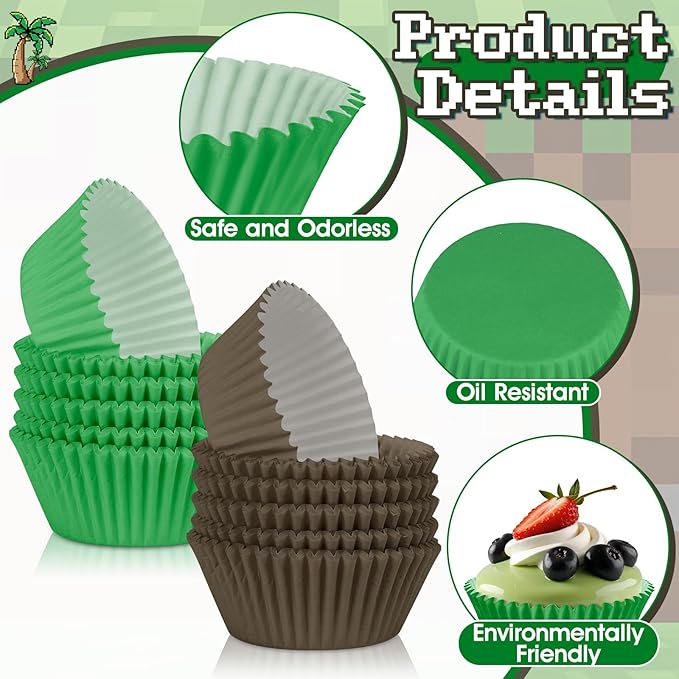 200PCS Brown and Green Cupcake Liners Mini Muffin Baking Cups Wrappers for Green and Brown Birthday Party Supplies Disposable Pastel Cupcake Papers for Botanical Garden Tea Party Decorations