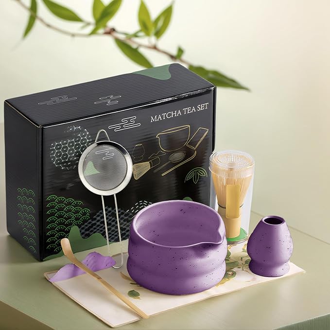 cjc 7-Pcs Matcha Whisk Set, Matcha Sets - Matcha Bowl with Spout, Bamboo Whisk and Holder, Scoop, Sifter ect.– Complete Gift for Matcha Lovers, Japanese Tea Ceremony（Pruple）