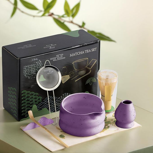 cjc 7-Pcs Matcha Whisk Set, Matcha Sets - Matcha Bowl with Spout, Bamboo Whisk and Holder, Scoop, Sifter ect.– Complete Gift for Matcha Lovers, Japanese Tea Ceremony（Pruple）