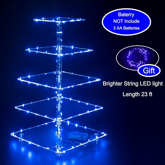 Cupcake Stand, 5-Tier Square Cupcake Holder with LED Light String, Acrylic Cupcake Tower Display-Dessert Tower-Pastry Stand-Cupcake Tier Stand for Wedding, Birthday Party (Blue Light)