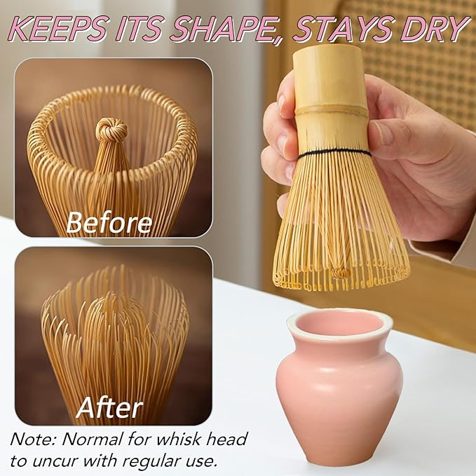 8Pcs Matcha Whisk Set, Matcha Set Includes Ceramic Matcha Bowl, Whisk and Holder, Bamboo Scoop, Scoop Rest, Sifter, Measuring Spoons and Tea Towel Tea Kit Gift Set for Women (Pink)