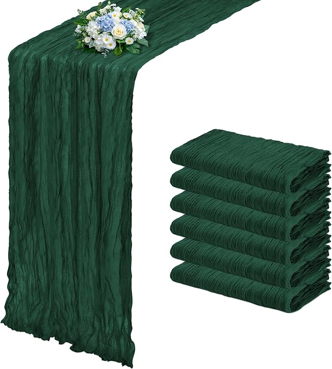6 Pack Emerald Green Cheesecloth Table Runner 17x108 Inch Semi Sheer Boho Gauze Cheese Cloth Fabric Table Runners, for Wedding Party Baby Shower Birthday Home Decor Garden Farmhouse