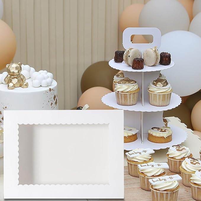 6pcs 19x14x5 Half Sheet Cake Boxes with 6pcs Cake Boards Rectangle 1/2 Sheet Bakery Boxes with Window for Pastry Baking Cake, Cupcakes, Donuts, Cookies, Pie Treat Packaging White Large