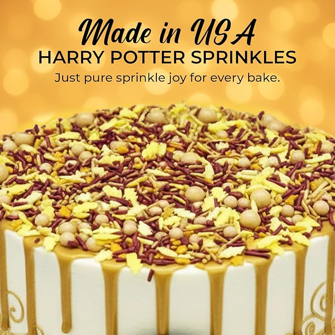 Harry Potter Cake Decorations with Wizard Lightning Sprinkles, Maroon and Gold Jimmies, Nonpareils, Sugar Pearls, Lightning Bolt Quins - Harry Potter Sprinkles for Birthday Cake Decorating, Baking