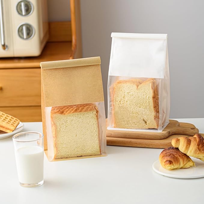 50 Pcs 5.1 Inch Brown Kraft Paper Bread Bags with Tin Tie, Small Homemade Bread Packing Bag, Thickened Storage Bagel Bag with Clear Window for Sourdough, Baked