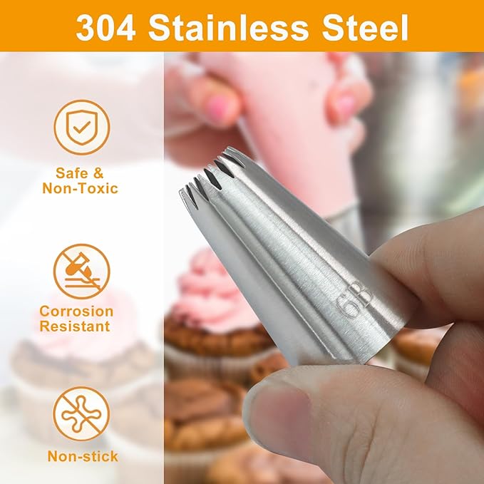 3 Pcs 6B Piping Tips, Stainless Steel Decorating Seamless Nozzles Icing Tips with Coupler Adapter & 12In Silicone Pastry Bag, Baking Tools for Birthday Cakes/Cupcakes/Cookie