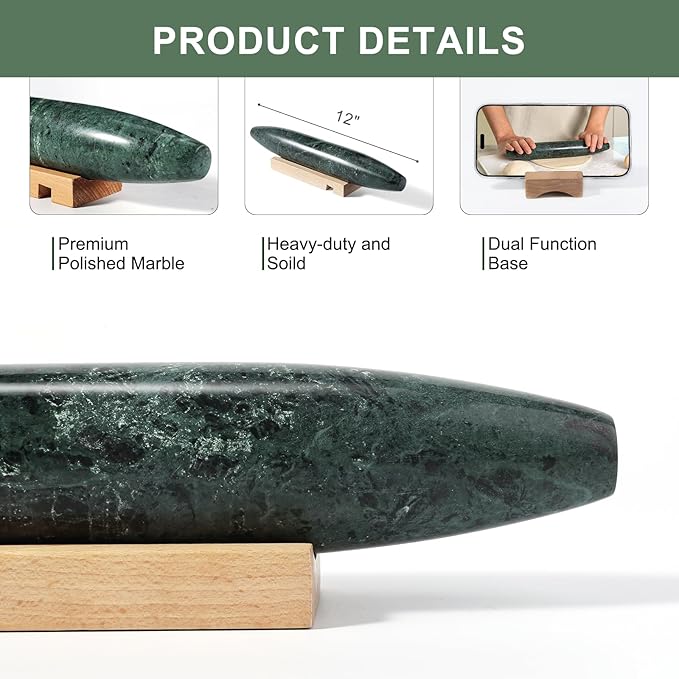 Natural Marble French Rolling Pin,12 inch Kitchen Baking Tool for Baking with Non-Stick Surface, Ideal as a Dough Roller for Pasta, Dumpling, Fondant, Pie, Bread, and Pizza
