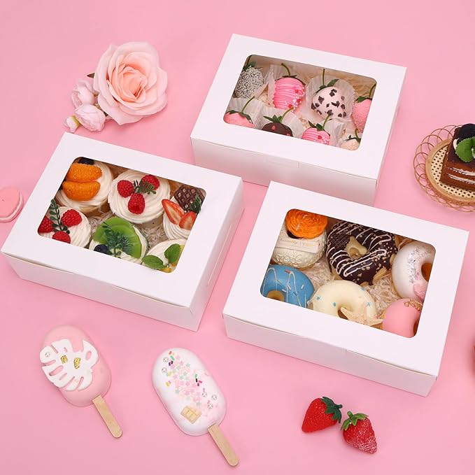 TOMNK 12pcs 8x6x2.5 Inches Bakery Boxes with Window, Cookie Boxes for Chocolate Strawberries, Donuts, Cupcakes, Muffins and Dessert