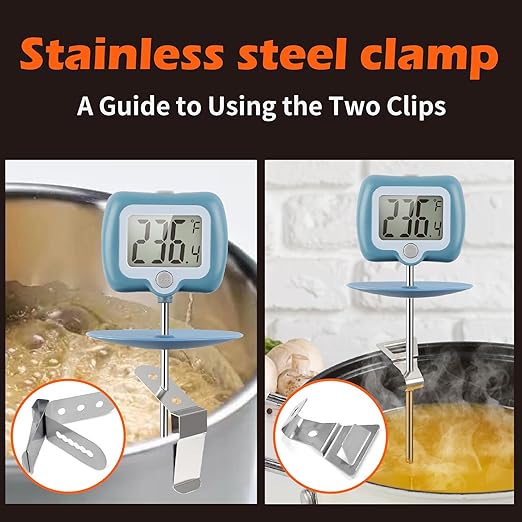 Digital Candy Thermometer with Adjustable Display, 304 Stainless Steel Probe, -58°F~572°F, Includes 2 Pot Clips & Heat-Insulating Pad for Sugar Syrup, Jam, Chocolate, Frying Oil (Blue)
