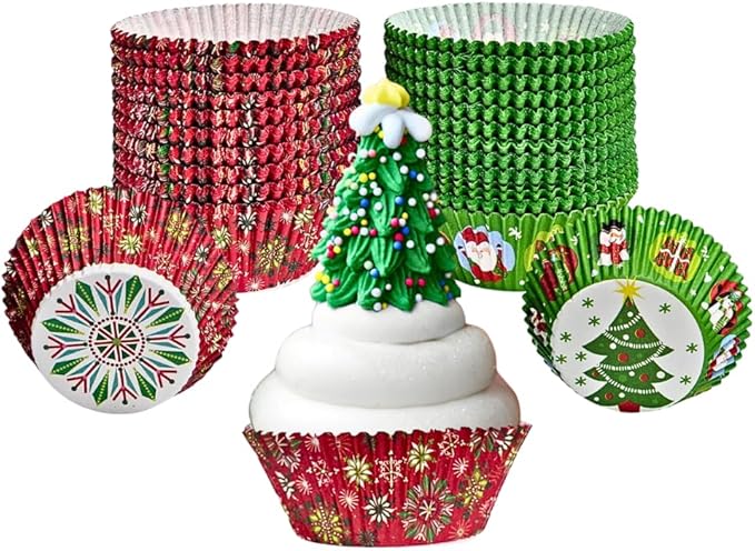 Green Direct Cupcake Liners - Standard Size Cupcake Wrappers to use for Pans or carrier or on stand - Paper Baking Cups, Christmas Design, (Pack of 500)